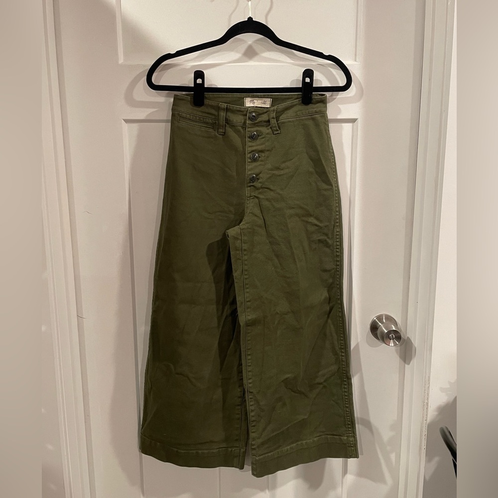 olive green Madewell button fly wide leg pants, W 25P